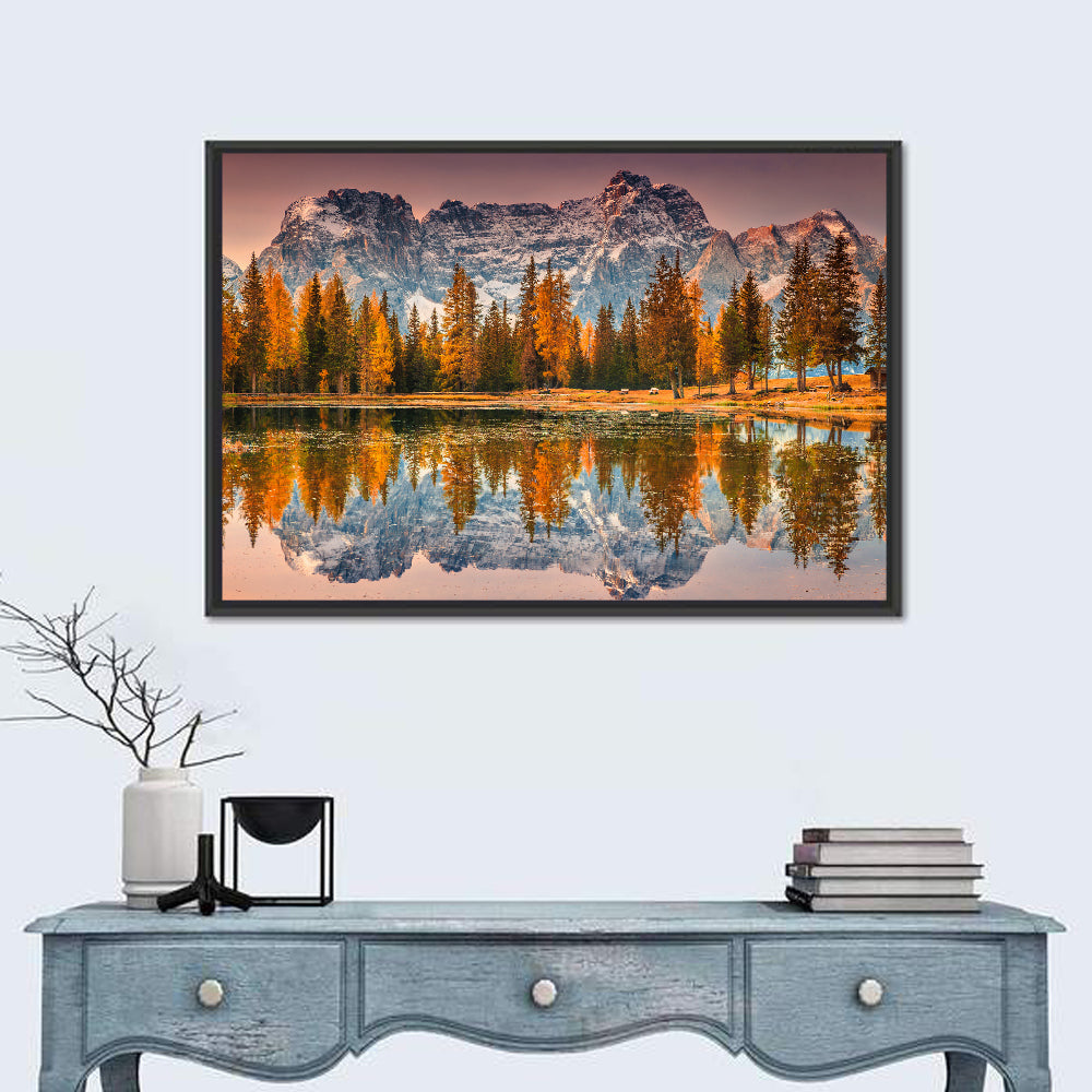 Antorno Lake Autumn Reflection Wall Art in a room, landscape