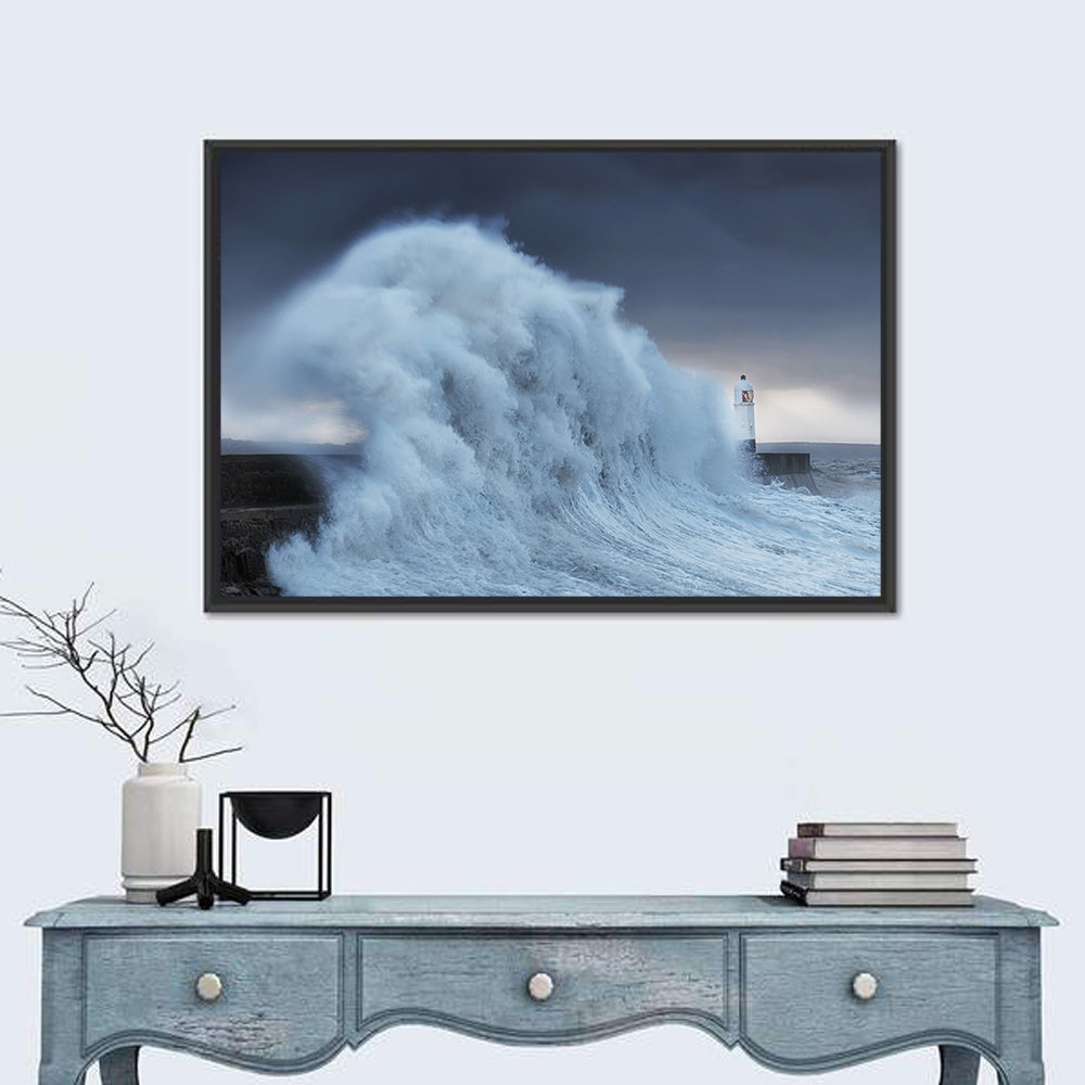 Lighthouse in a Sea Storm Wall Art in a room, landscape