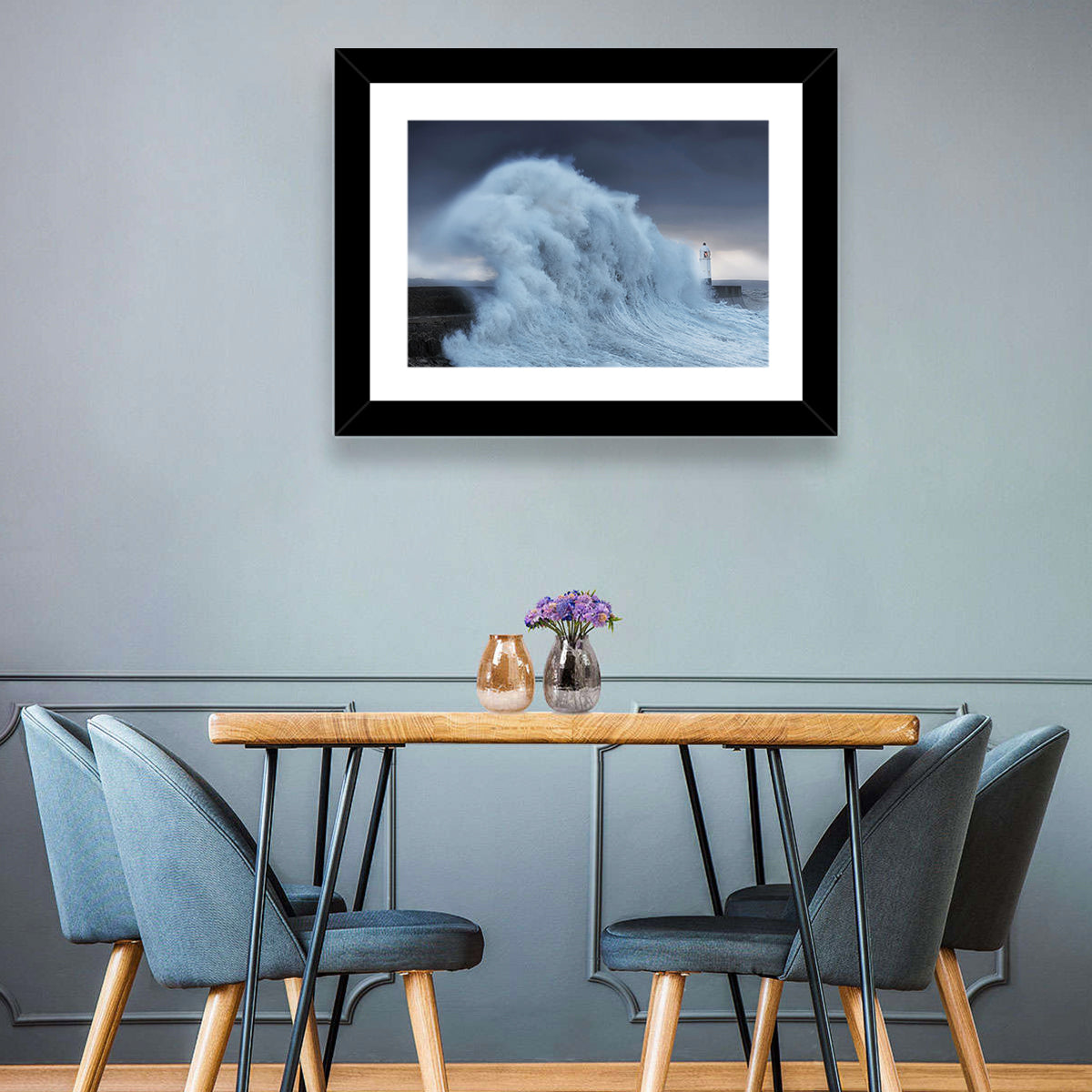 Lighthouse in a Sea Storm Wall Art in a room, landscape