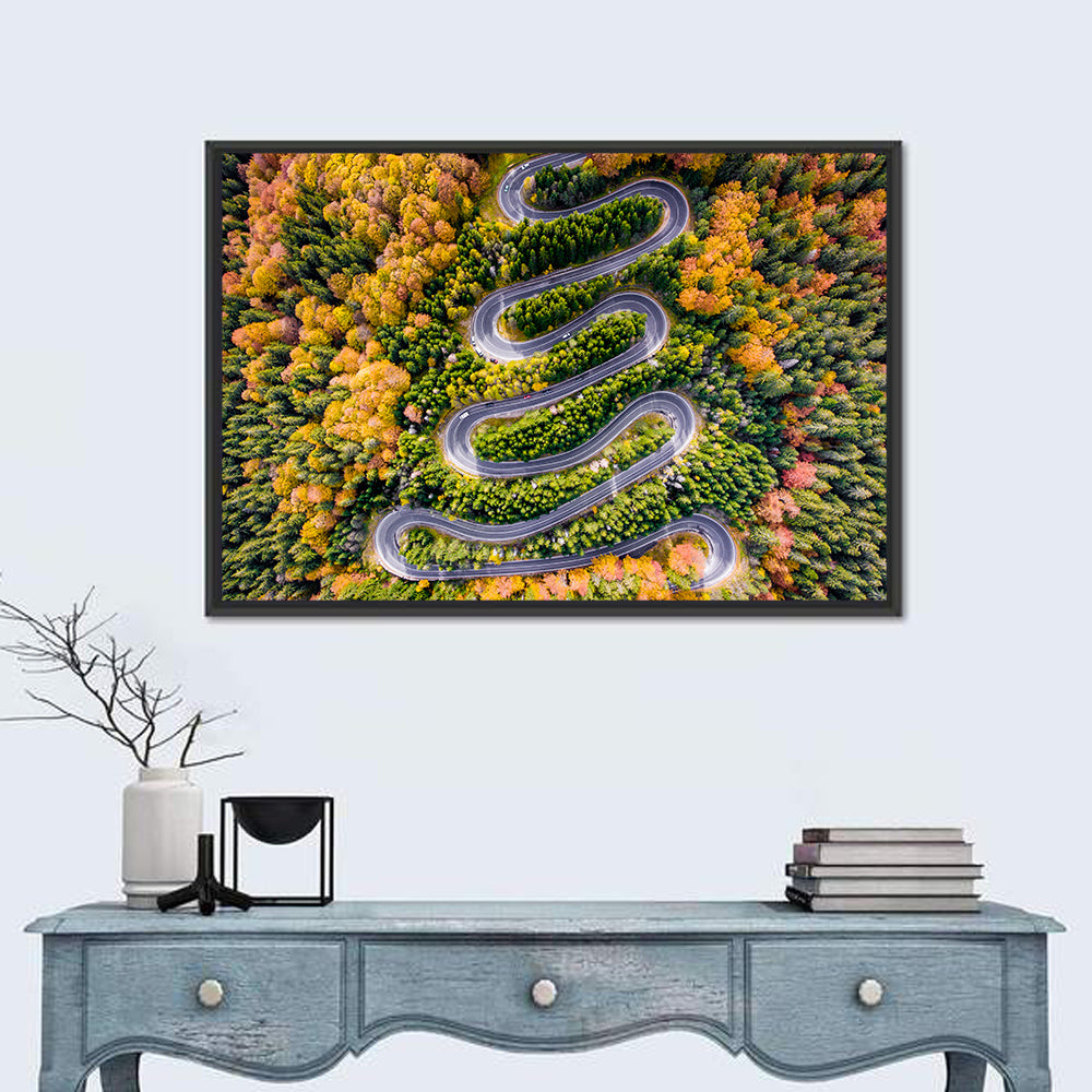 Autumn Winding Forest Road Wall Art in a room, landscape
