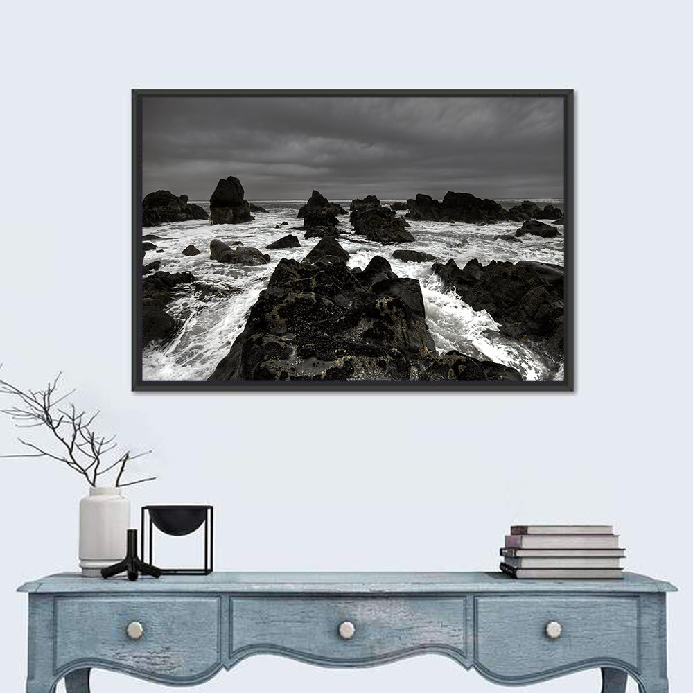 Moody Black and White Rocky Coast Waves Wall Art