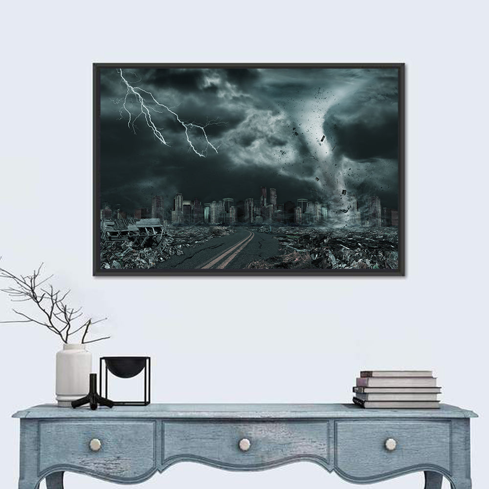 Tornado Over Destroyed City Skyline Wall Art