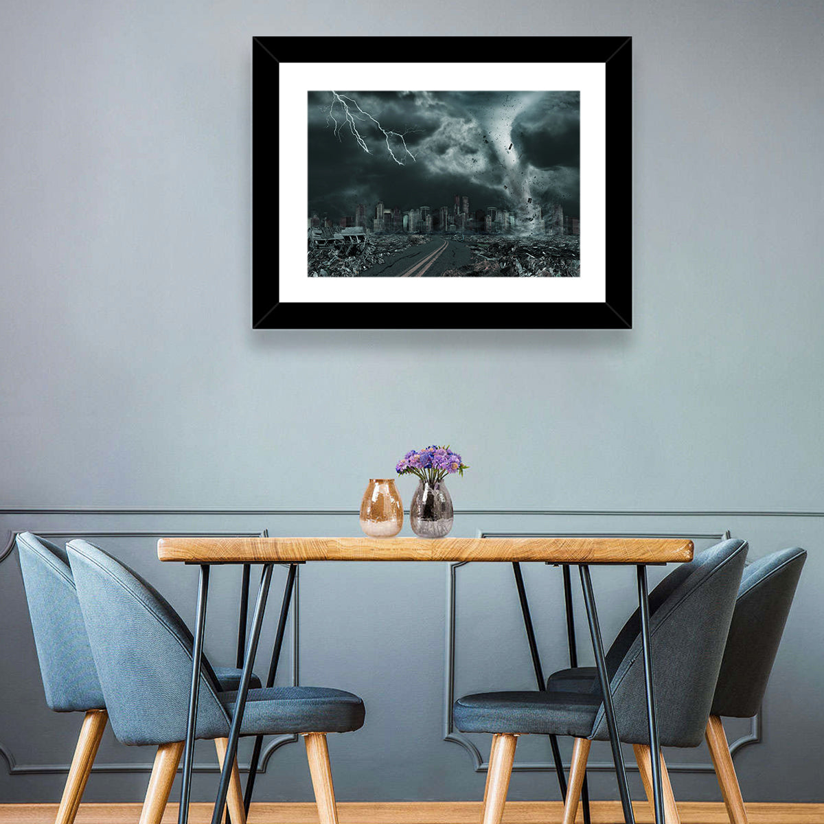 Tornado Over Destroyed City Skyline Wall Art in a room, landscape