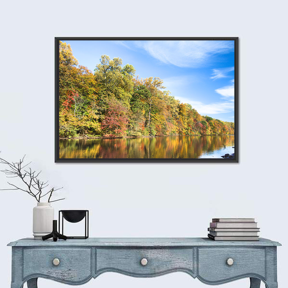 Lake Surprise Autumn Reflection Wall Art in a room, landscape