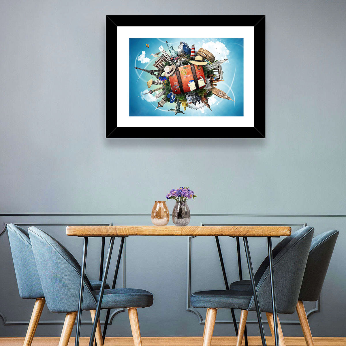 Suitcase and World Landmarks Montage Wall Art in a room, landscape