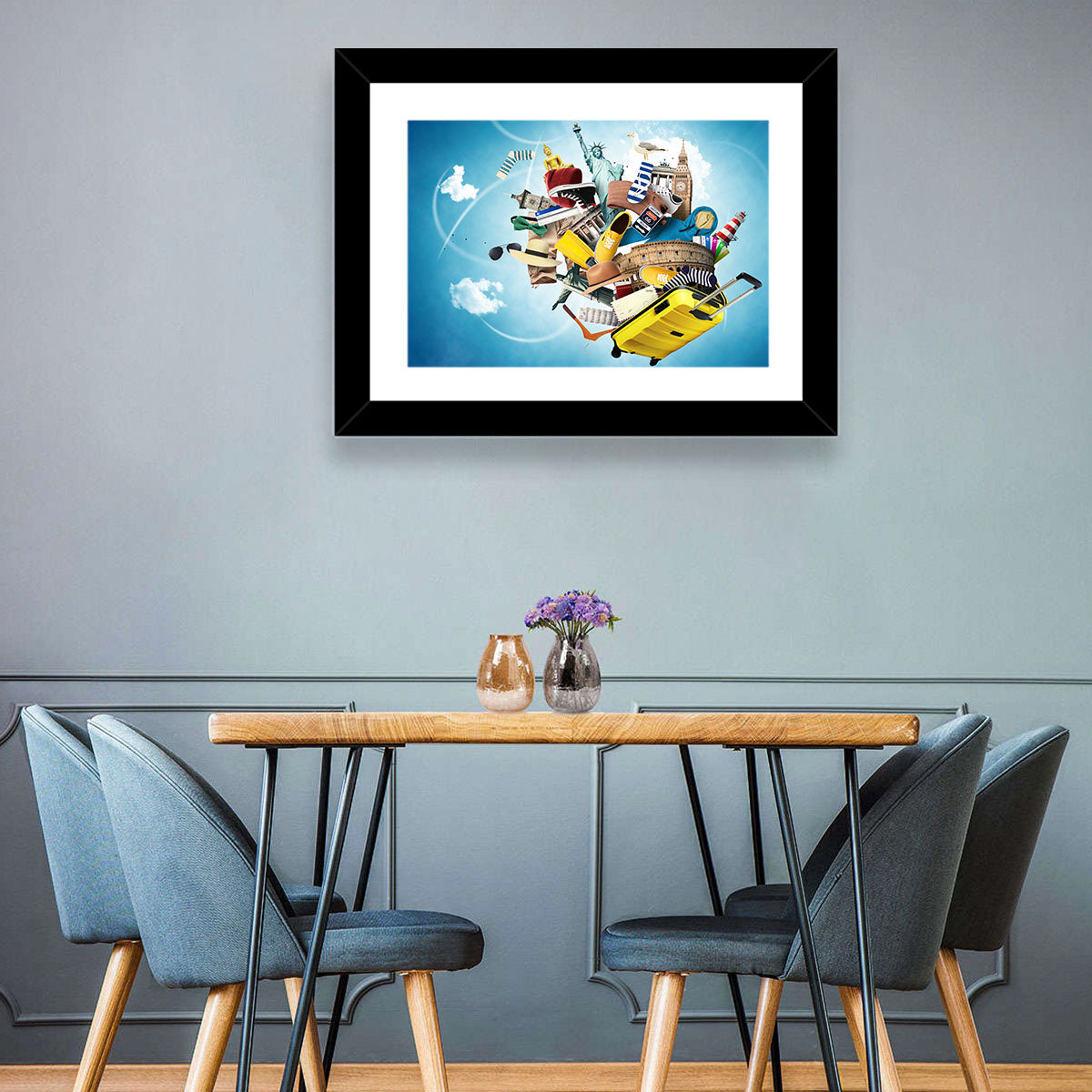Floating Landmarks with Yellow Suitcase Wall Art in a room, landscape