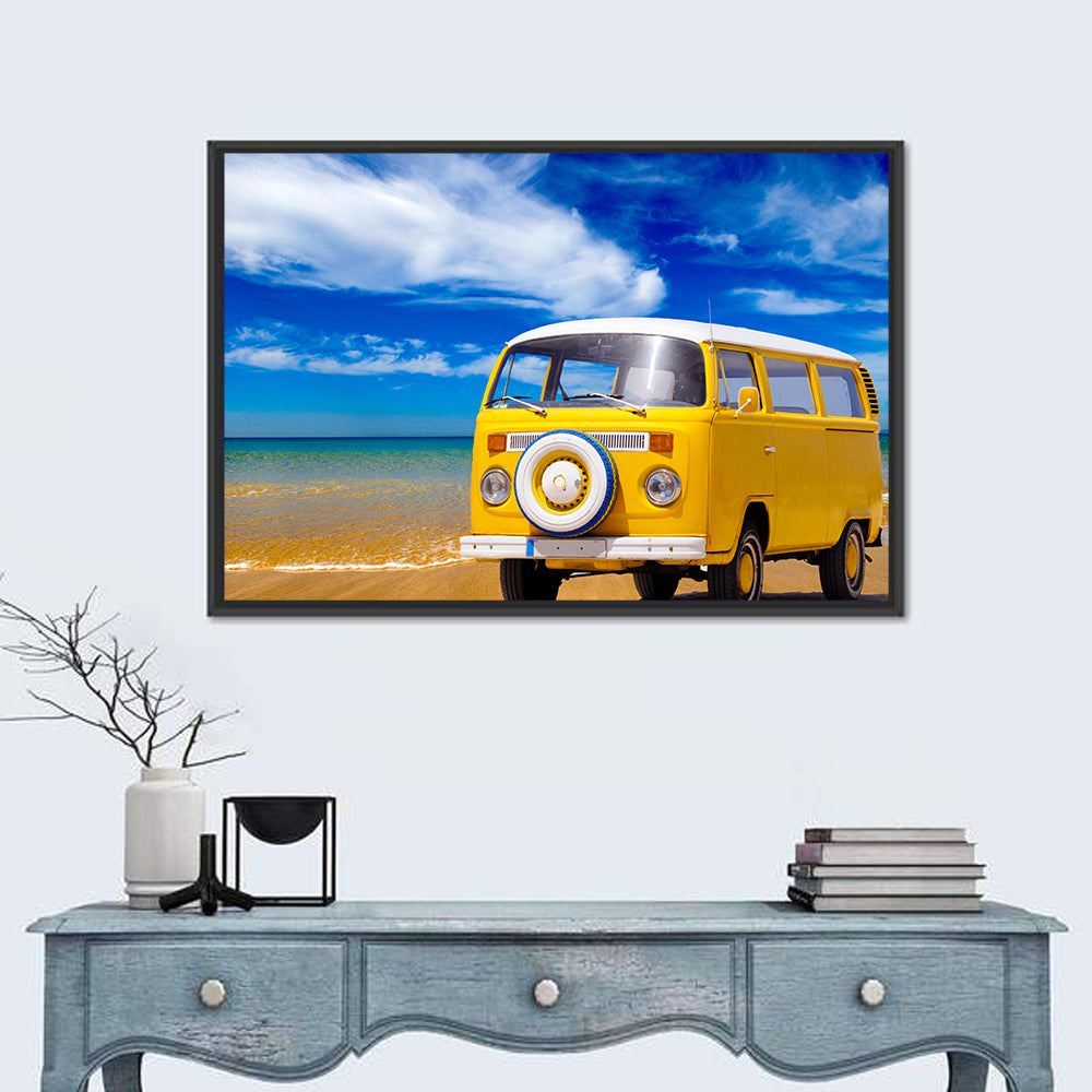 Yellow Vintage Van on Beach Wall Art
