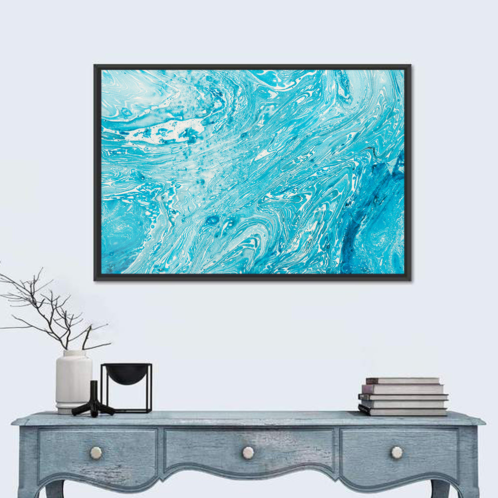 Cerulean Marbled Waves Wall Art in a room, landscape