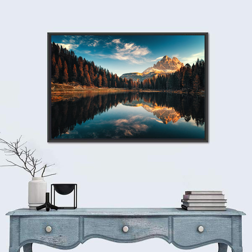Lago Antorno Golden Hour Reflection Wall Art in a room, landscape