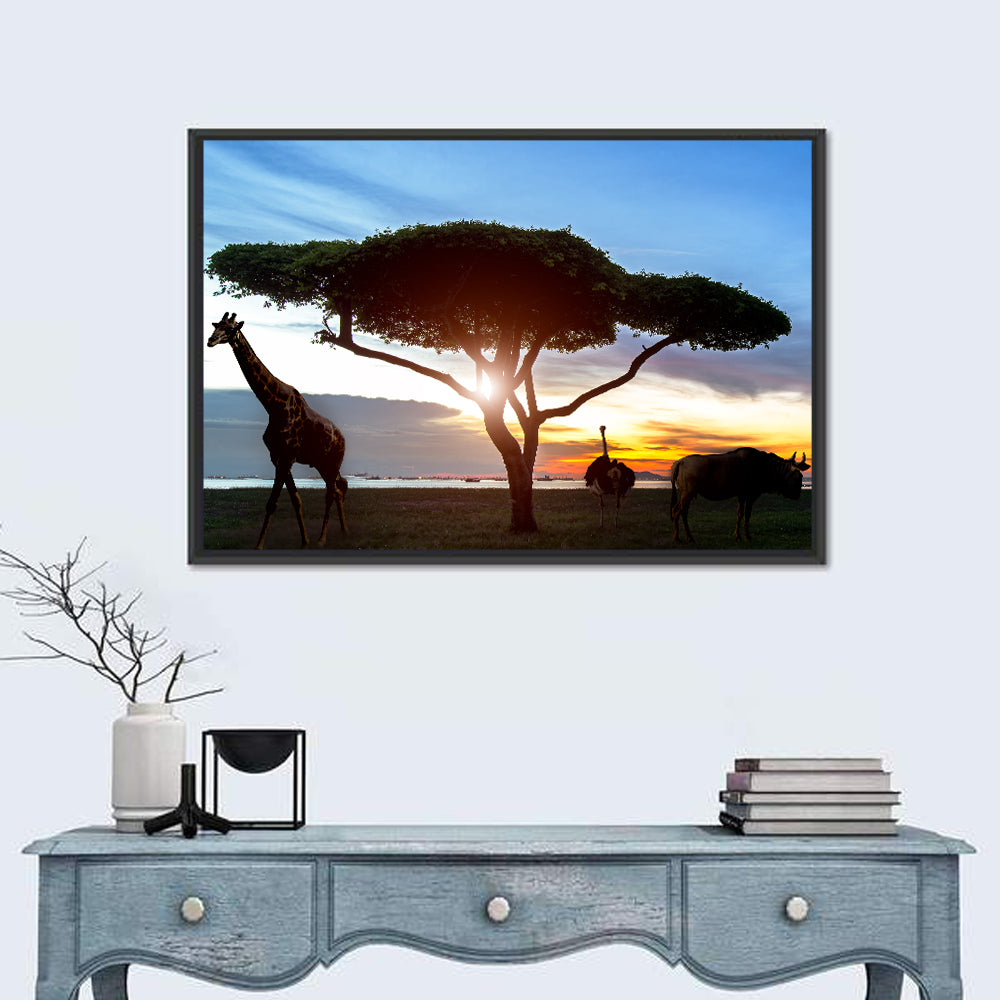 Savanna Silhouettes at Golden Hour Wall Art in a room, landscape