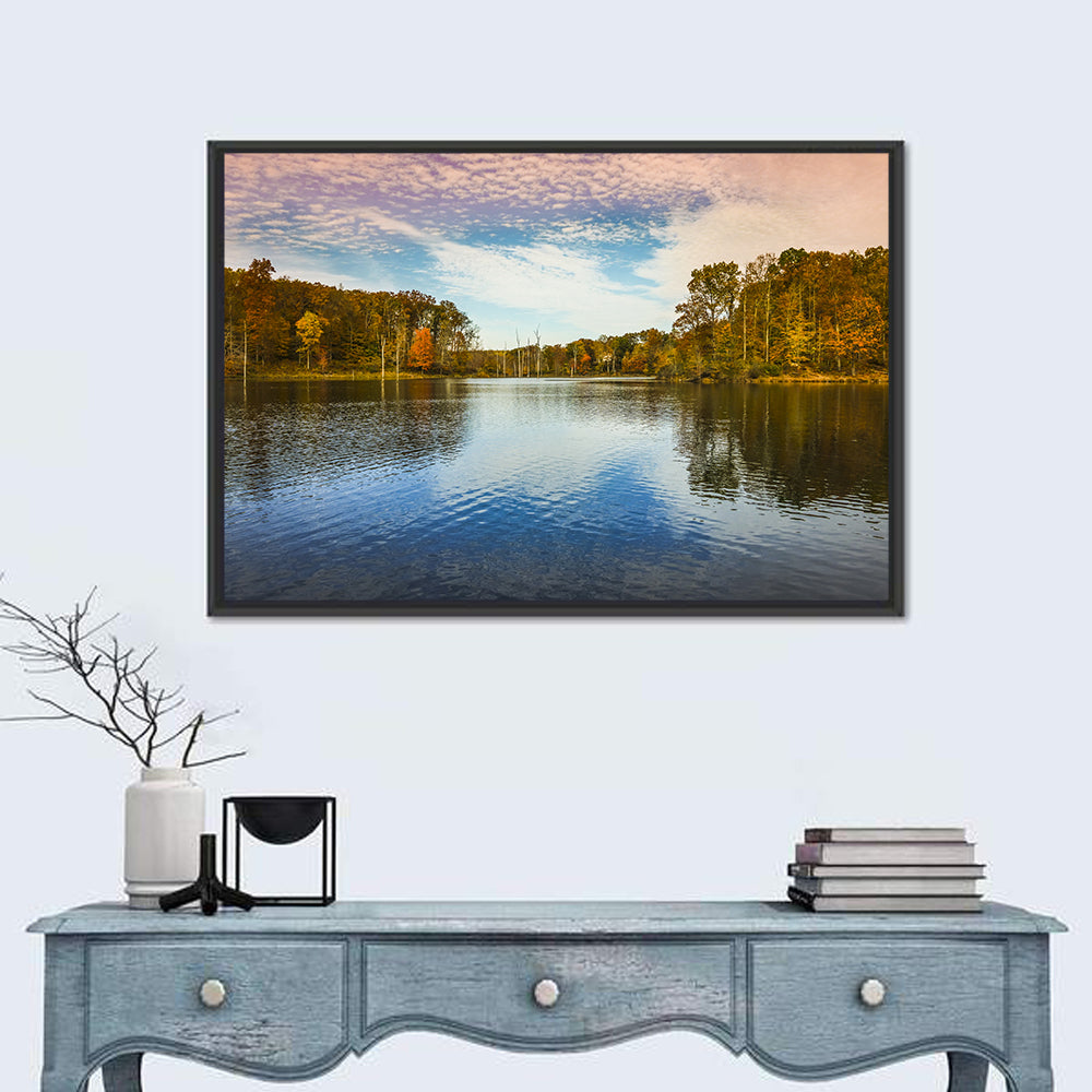 Seneca Lake Autumn Reflection Wall Art in a room, landscape