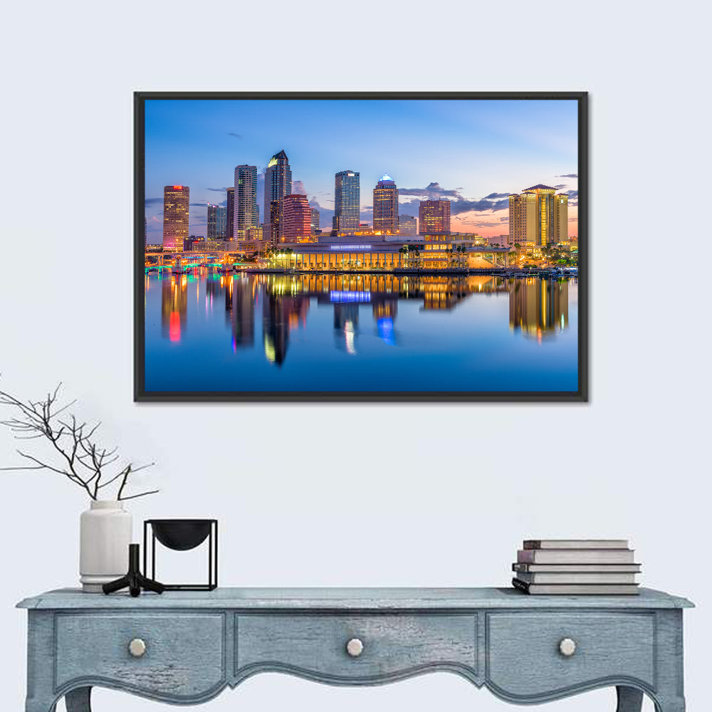 Tampa Twilight Skyline Wall Art in a room, landscape
