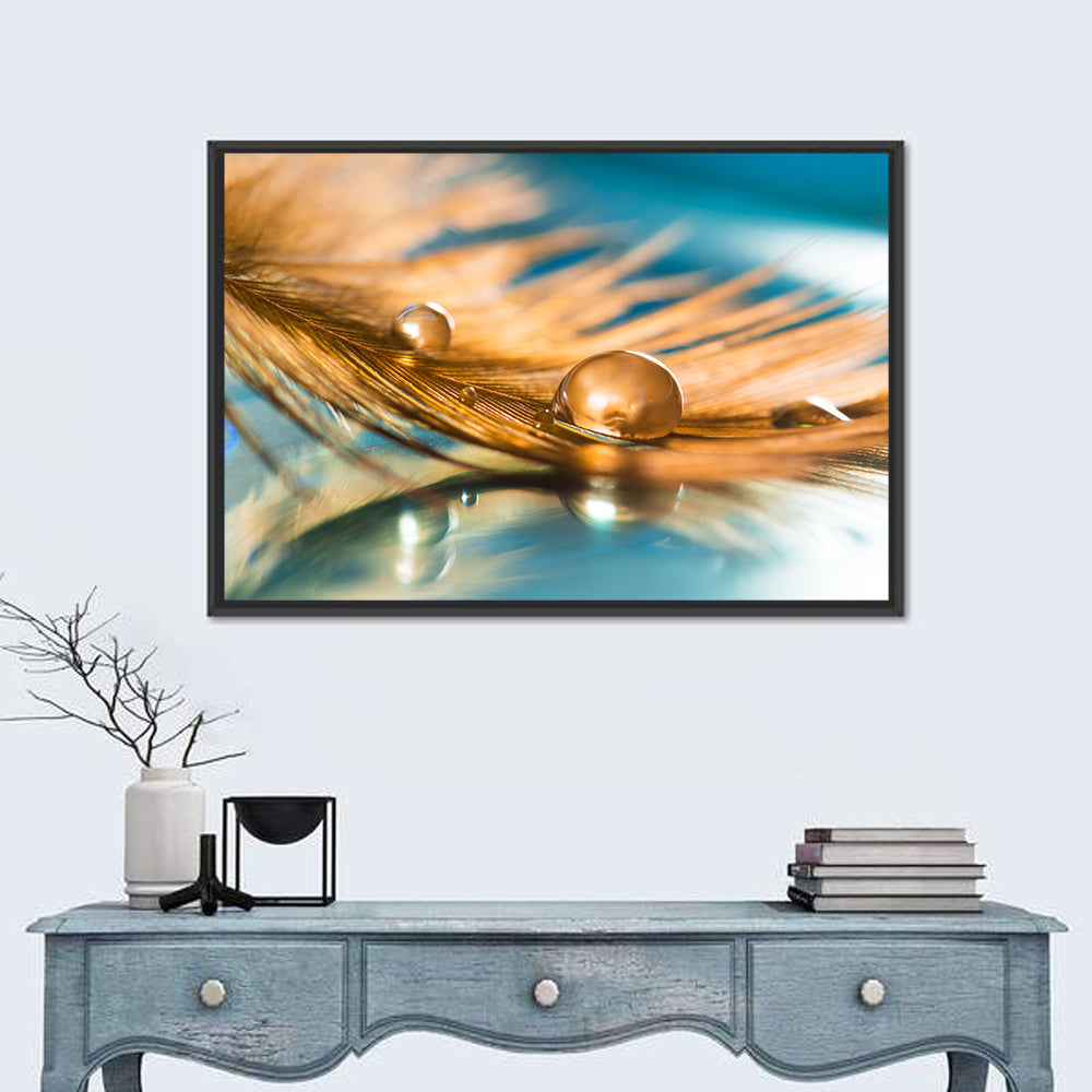 Golden Feather with Droplets Wall Art in a room, landscape