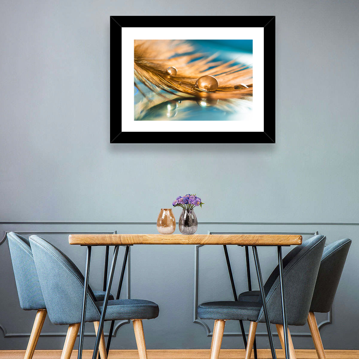 Golden Feather with Droplets Wall Art in a room, landscape