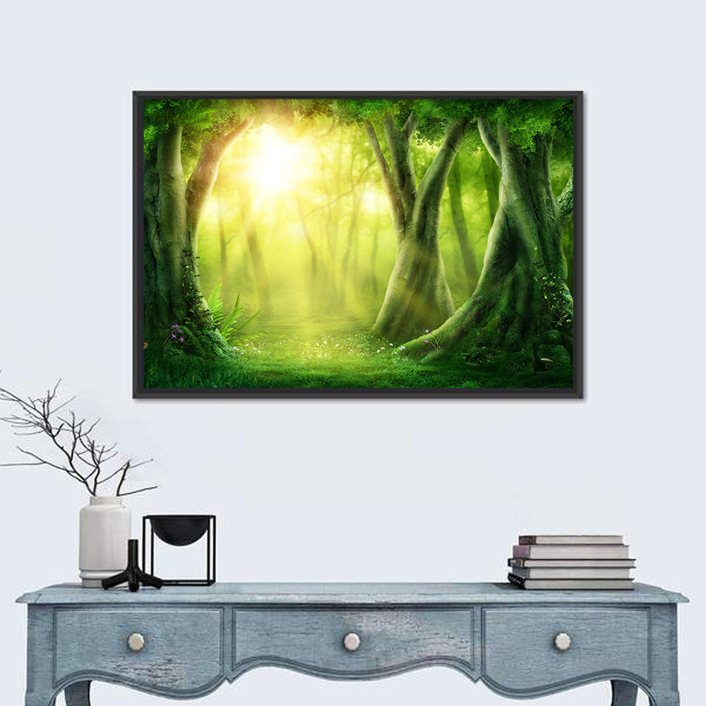 Enchanted Forest at Sunrise Wall Art in a room, landscape