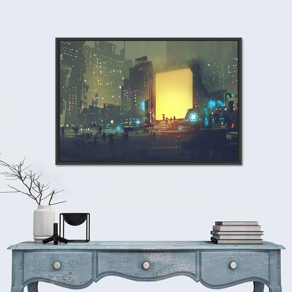 Rainy Night City with Glowing Portal Wall Art