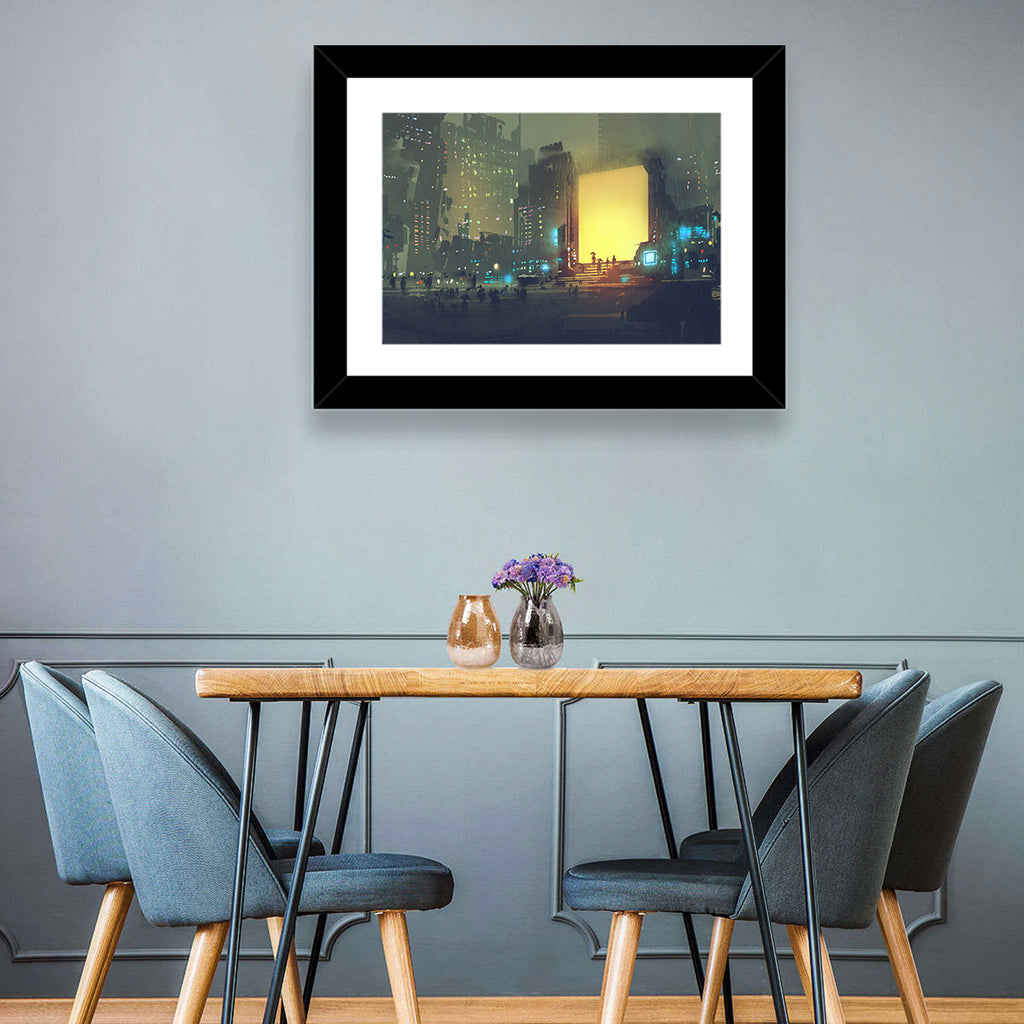 Rainy Night City with Glowing Portal Wall Art