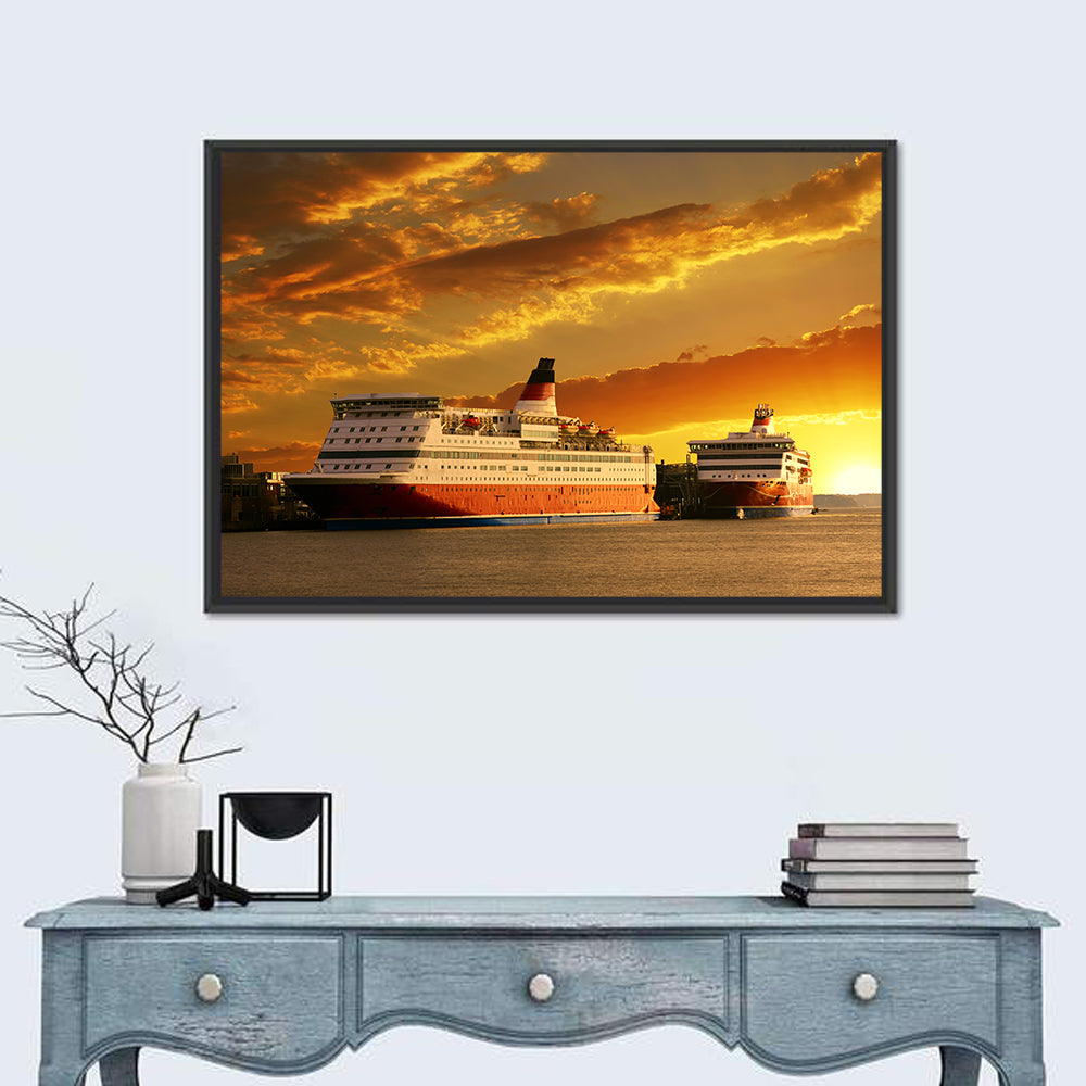 Red-hulled Cruise Ships at Dusk Wall Art in a room, landscape
