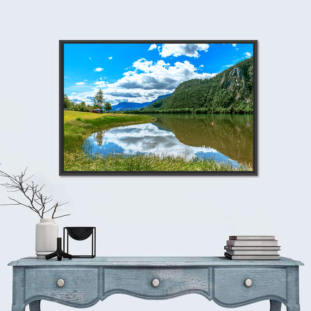 Lake Mjosa Reflection Wall Art in a room, landscape