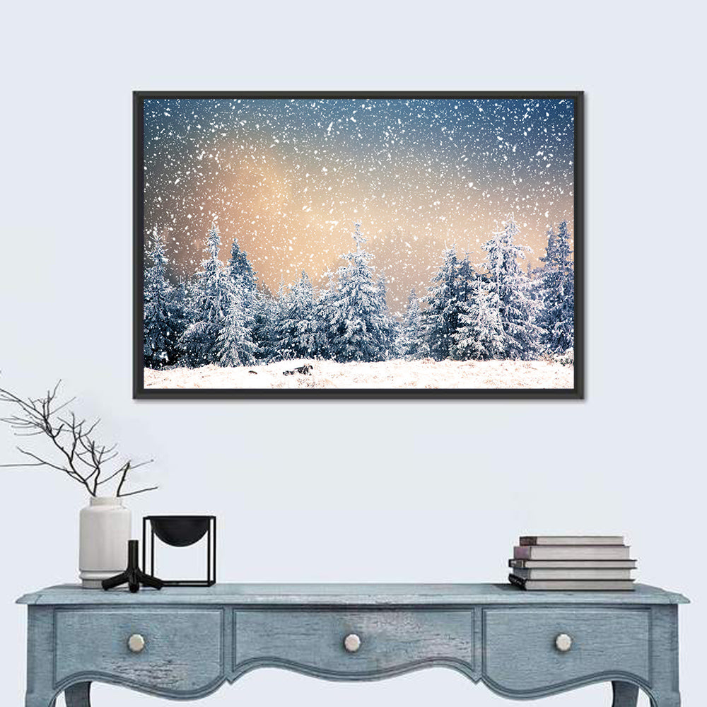 Winter Forest Wonderland Wall Art in a room, landscape