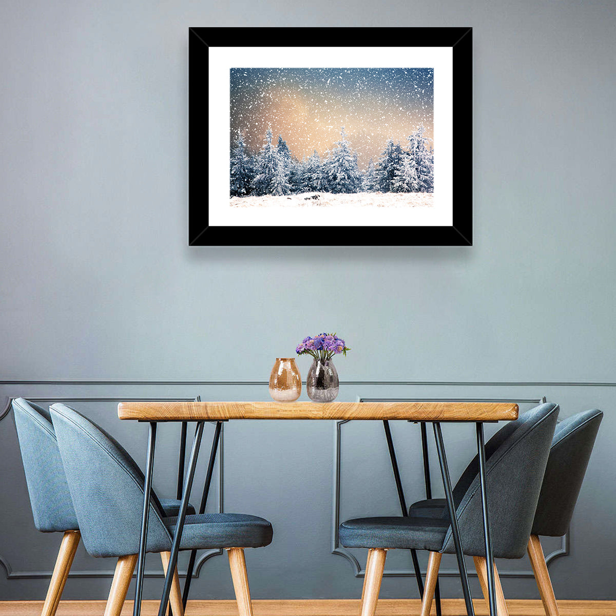 Winter Forest Wonderland Wall Art in a room, landscape