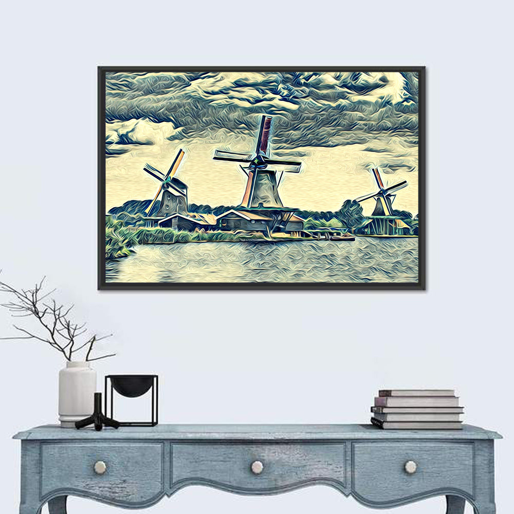 Three Vintage Windmills Wall Art in a room, landscape