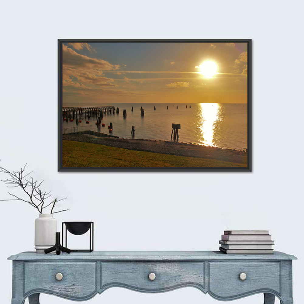 Lake Okeechobee Sunset Pier Wall Art in a room, landscape