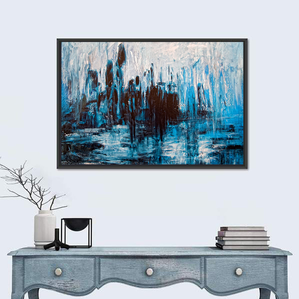 Rainy Abstract Skyline Reflection Wall Art in a room, landscape