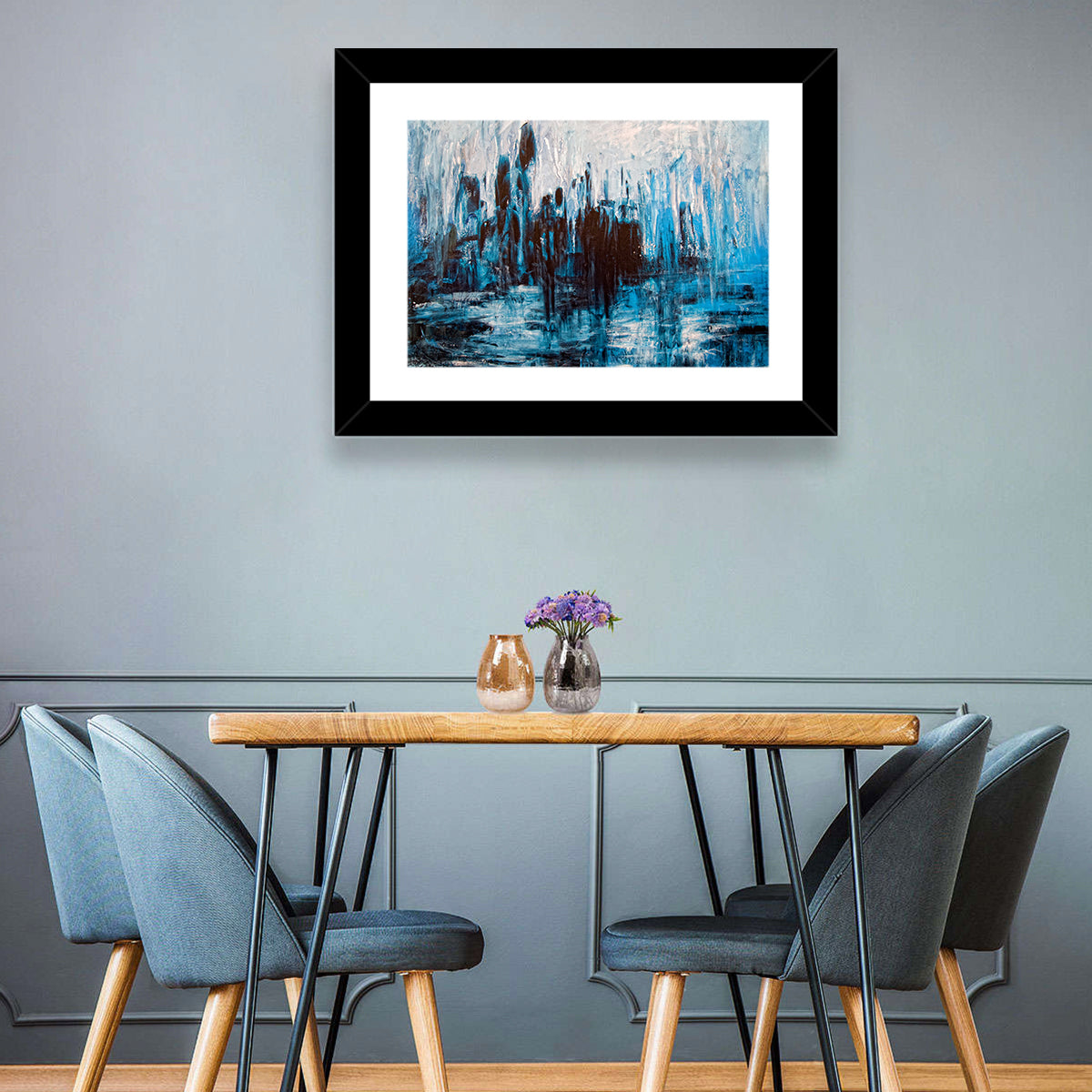 Rainy Abstract Skyline Reflection Wall Art in a room, landscape