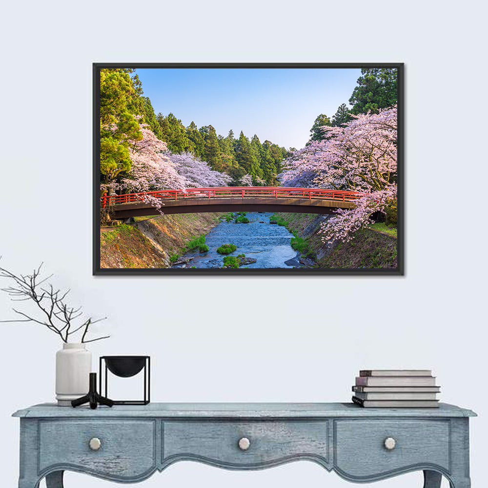 Arched Red Bridge with Cherry Blossoms Wall Art