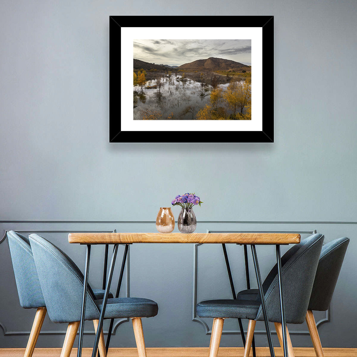 Lake Hodges Autumn Reflection Wall Art in a room, landscape
