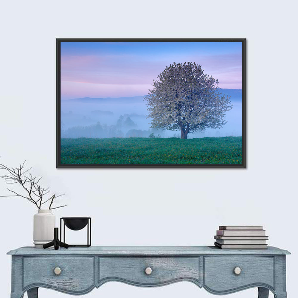 Misty Sumava Mountain Tree Wall Art in a room, landscape