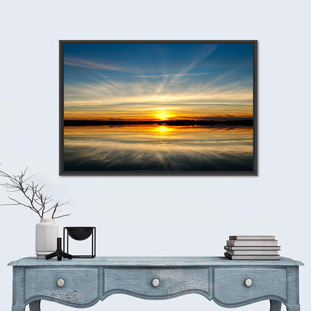 Oklahoma Lake Sunset Reflection Wall Art in a room, landscape