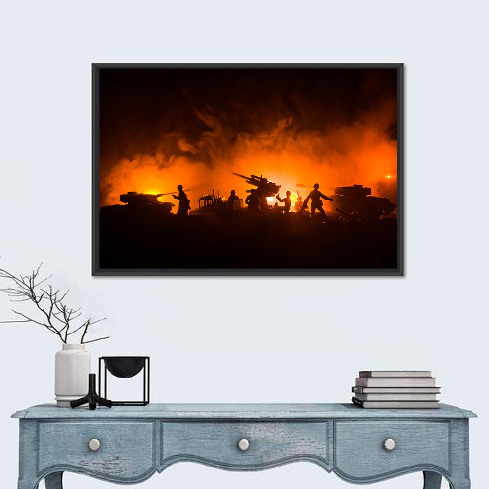 Nighttime Battlefield Silhouette Wall Art in a room, landscape