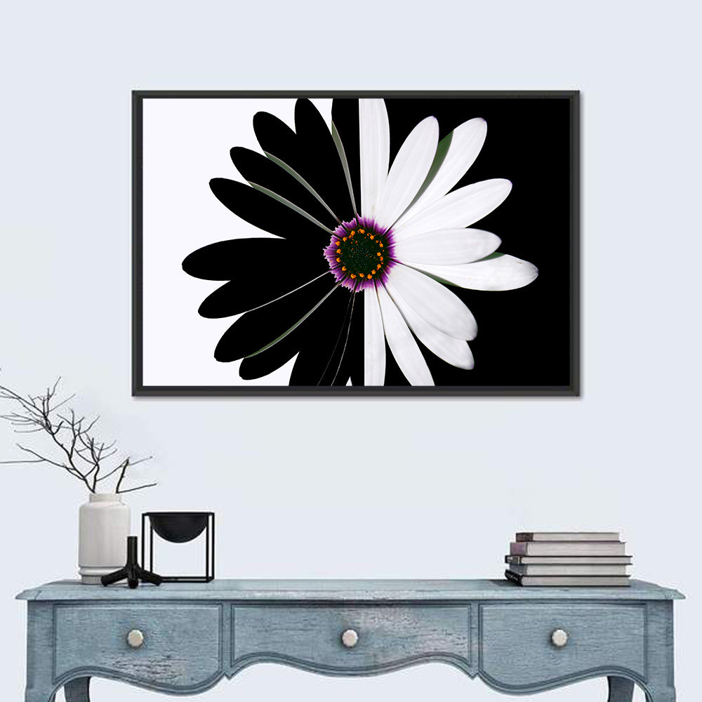 Black and White Daisy with Purple Ring Wall Art in a room, landscape