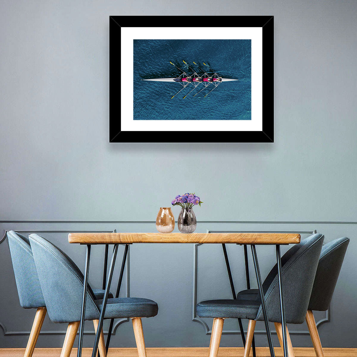 Four Rowers in Pink Shirts Wall Art in a room, landscape