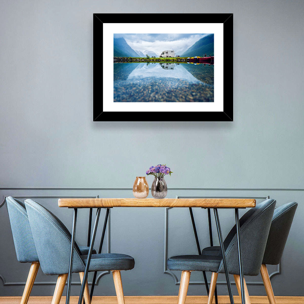 Motorhome by Mountain Lake Wall Art in a room, landscape