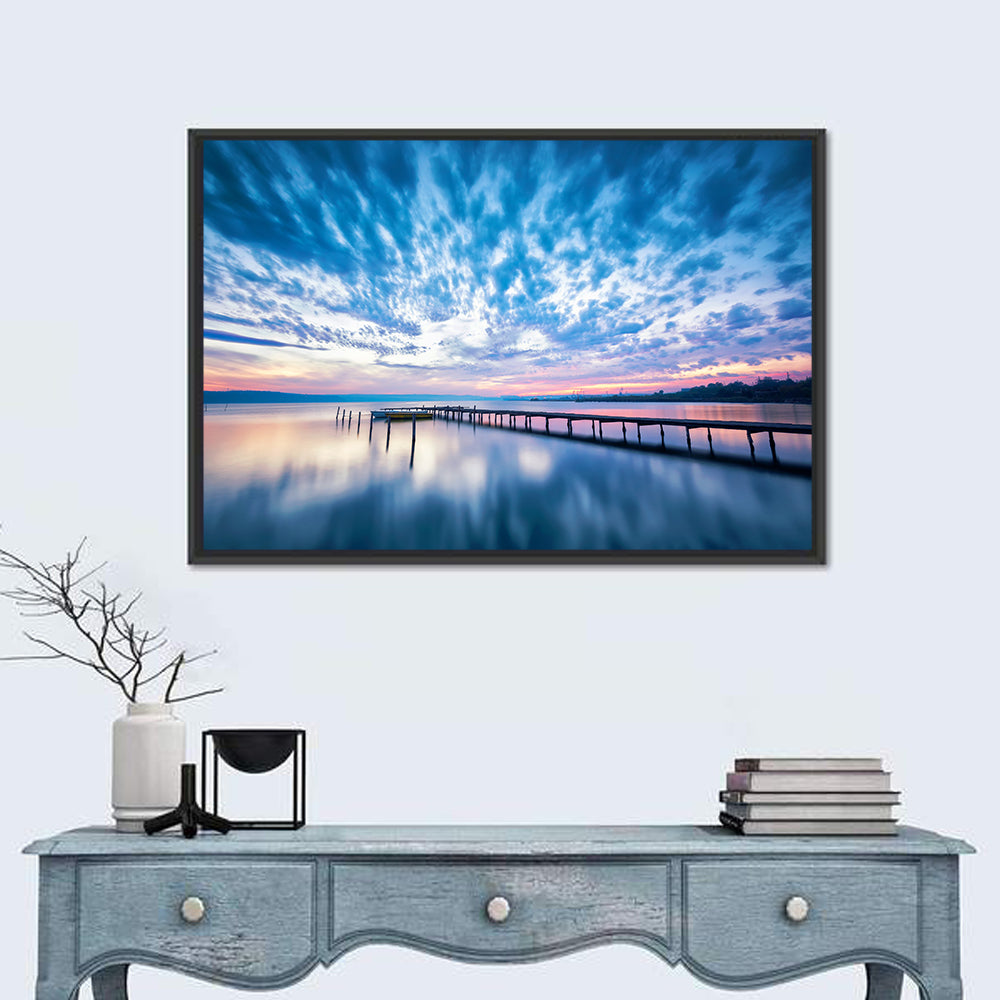 Cloudy Lake Pier at Dusk Wall Art in a room, landscape