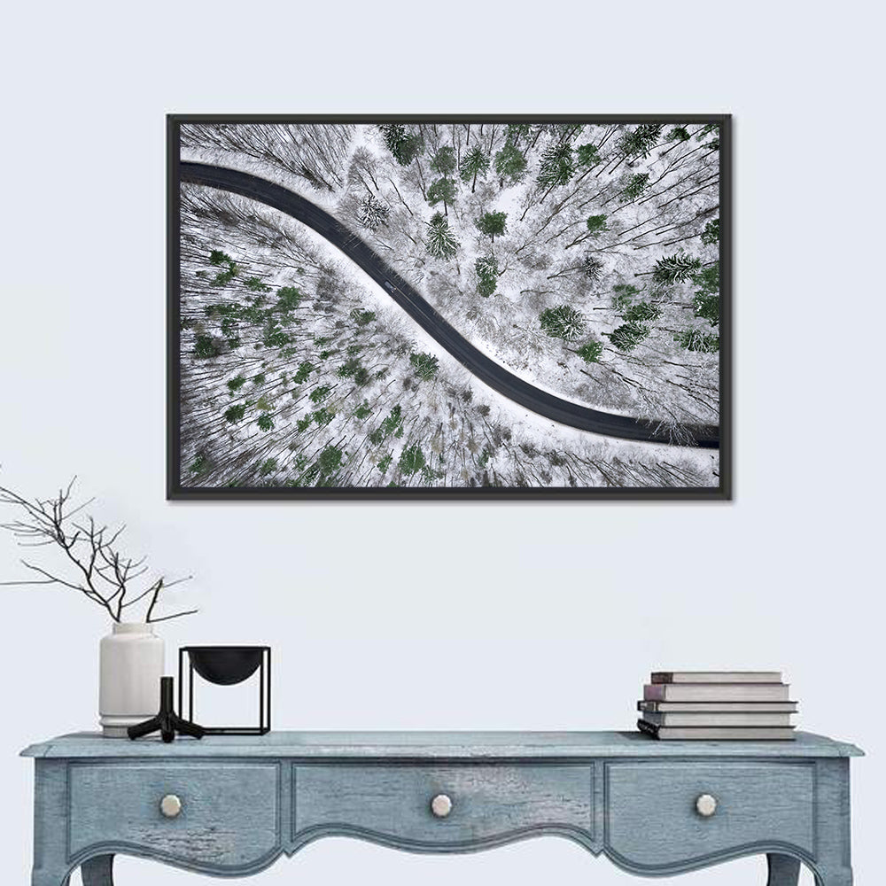 Snowy Forest Road Wall Art in a room, landscape