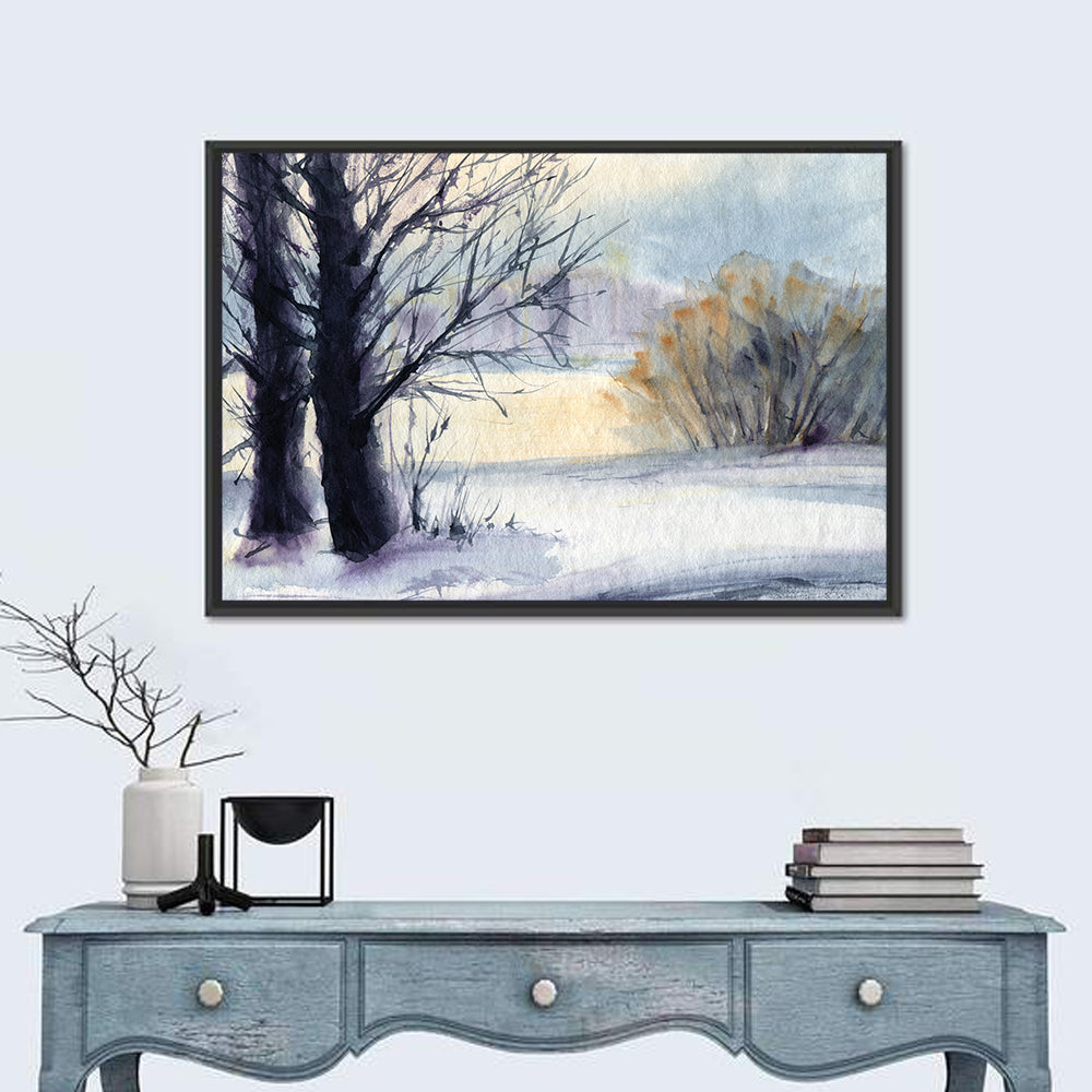 Bare Trees Winter Watercolor Wall Art in a room, landscape