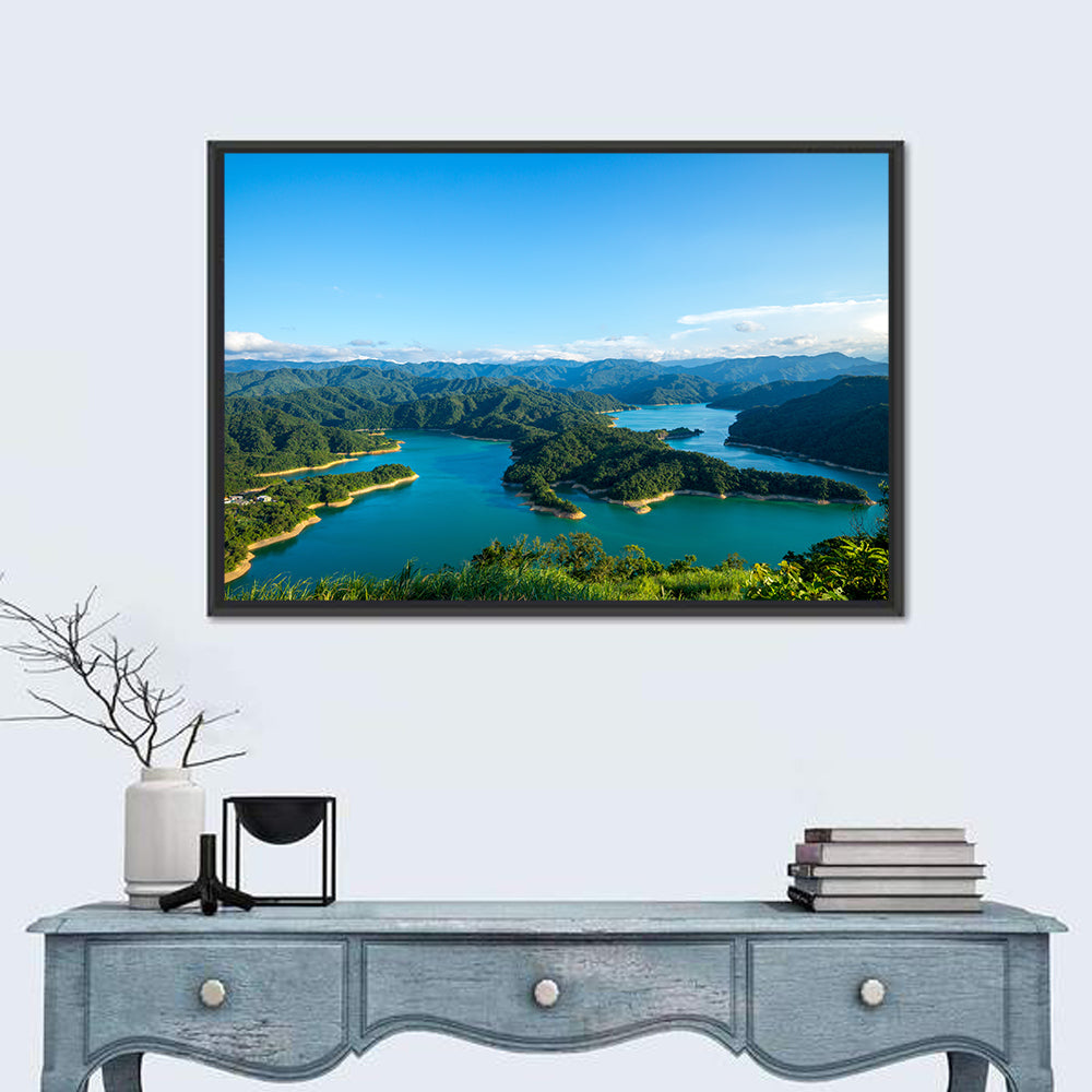 Emerald Qiandao Lake Wall Art in a room, landscape