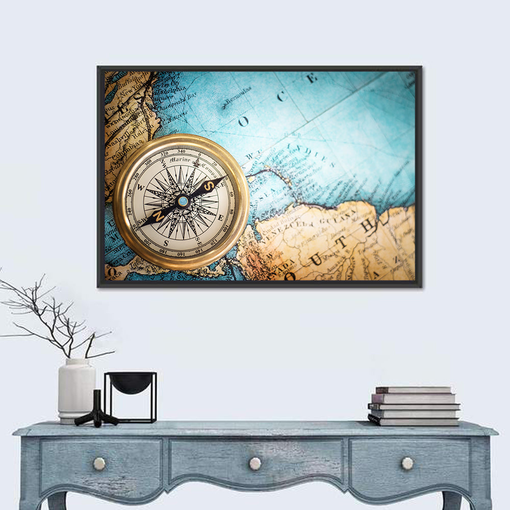 Vintage Compass Over Atlantic Map Wall Art in a room, landscape