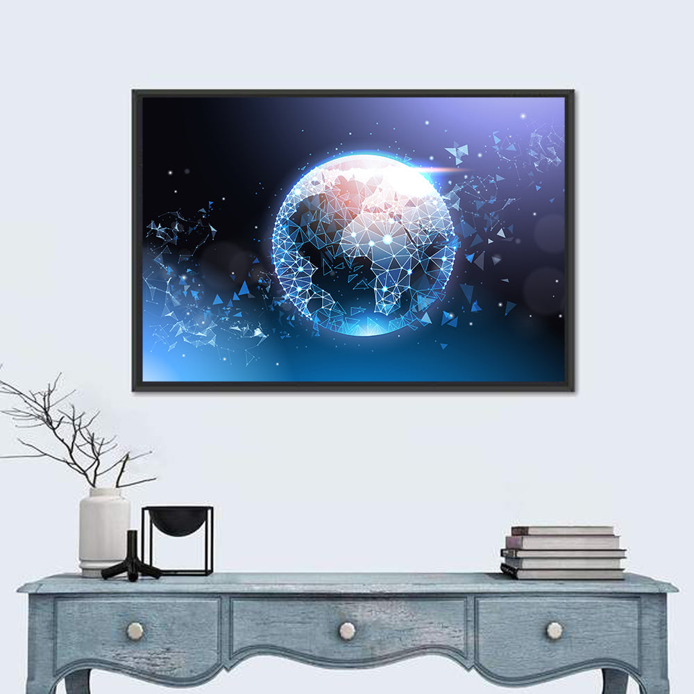 Wireframe Globe Network Wall Art in a room, landscape