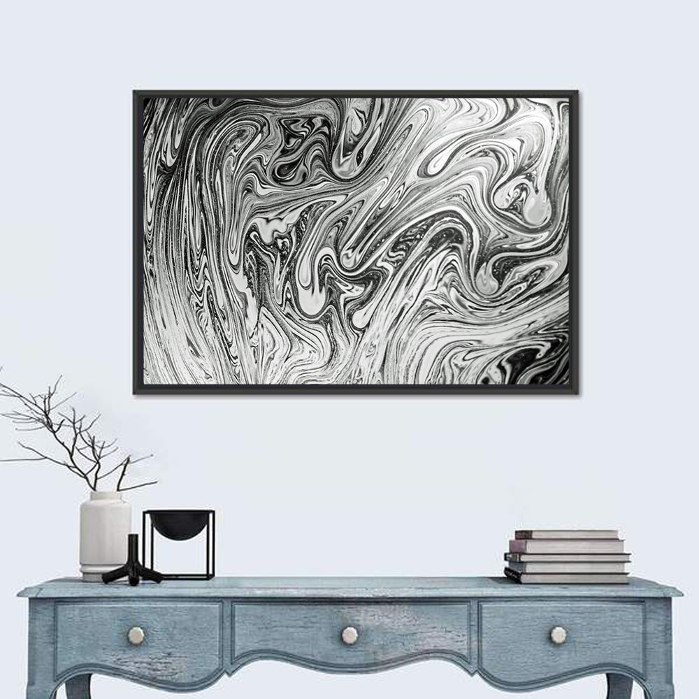 Ink Swirl Monochrome Abstract Wall Art in a room, landscape