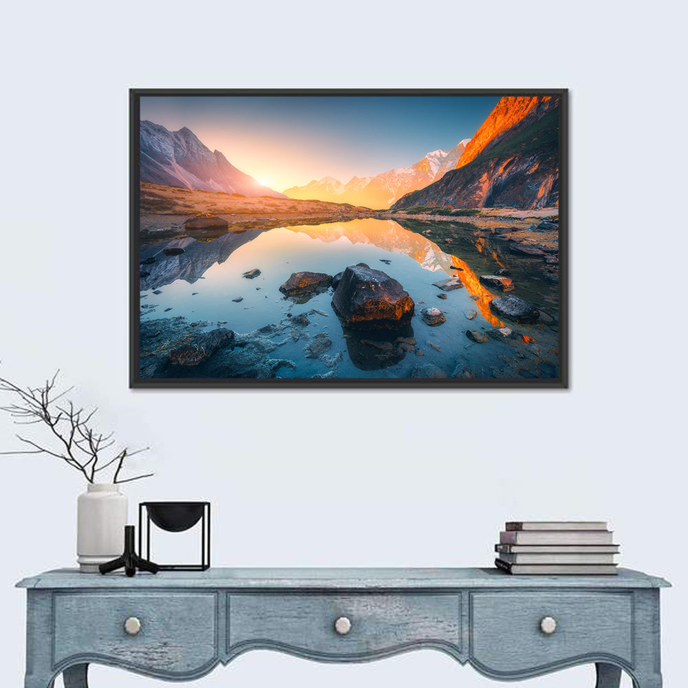 Himalayan Lake Reflections Wall Art in a room, landscape
