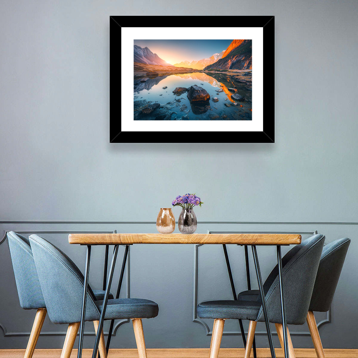 Himalayan Lake Reflections Wall Art in a room, landscape