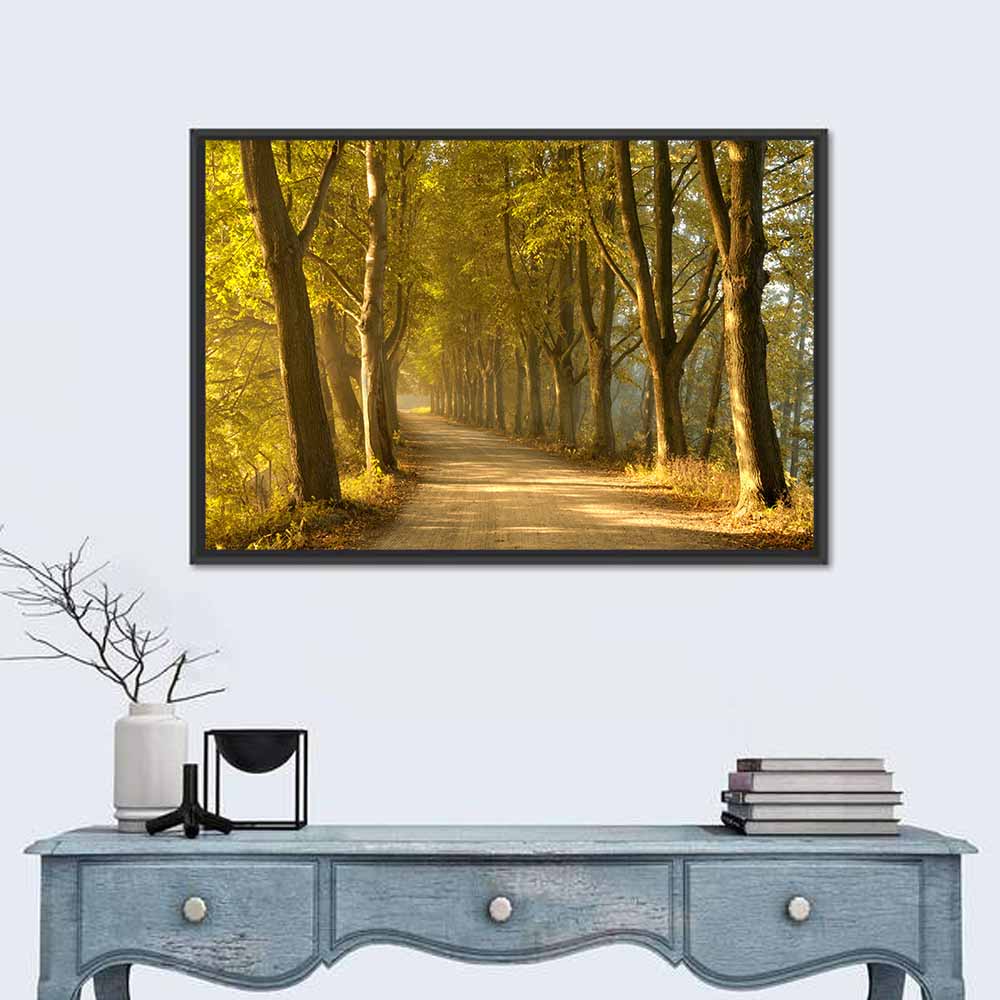 Autumn Road Through Golden Forest Wall Art in a room, landscape