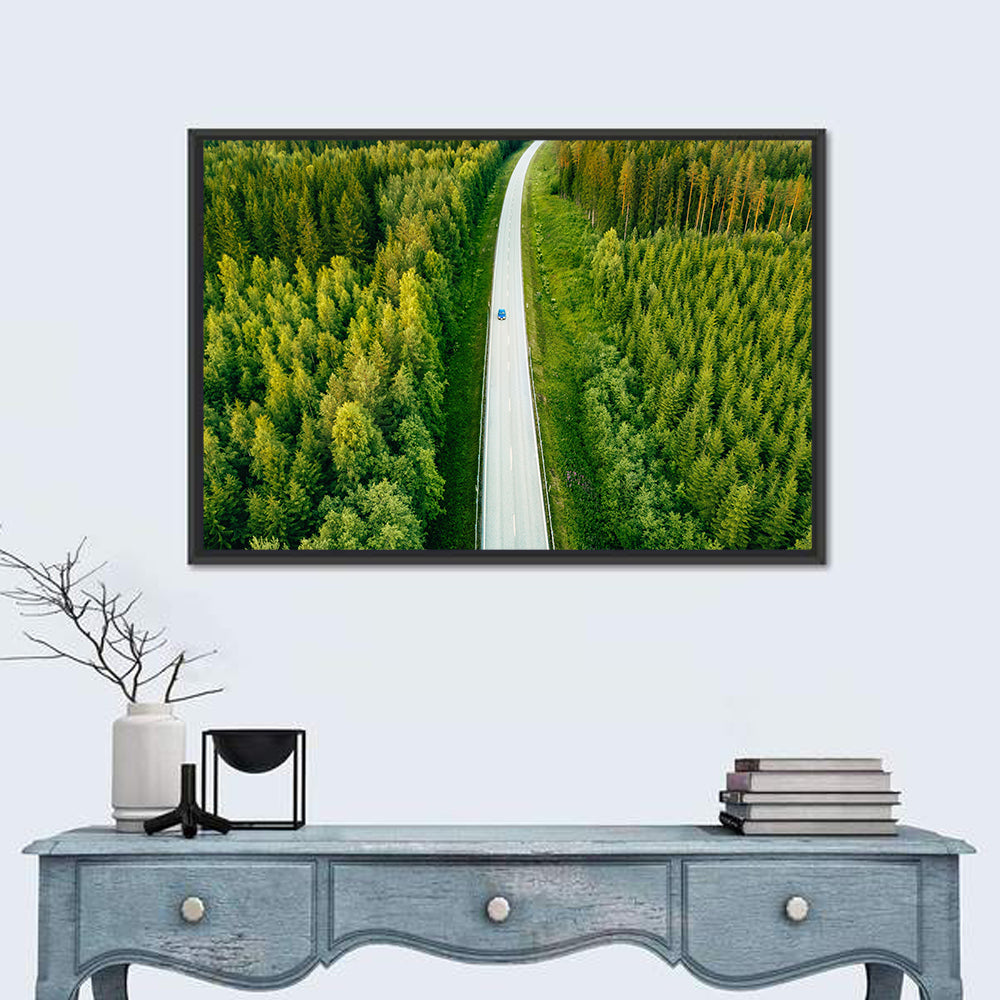 Blue Car on Forest Road Wall Art in a room, landscape