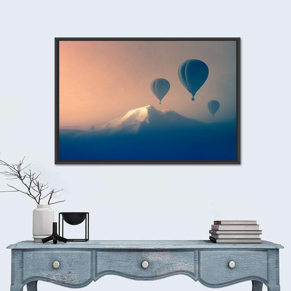 Three Hot Air Balloons Over Misty Peak Wall Art in a room, landscape
