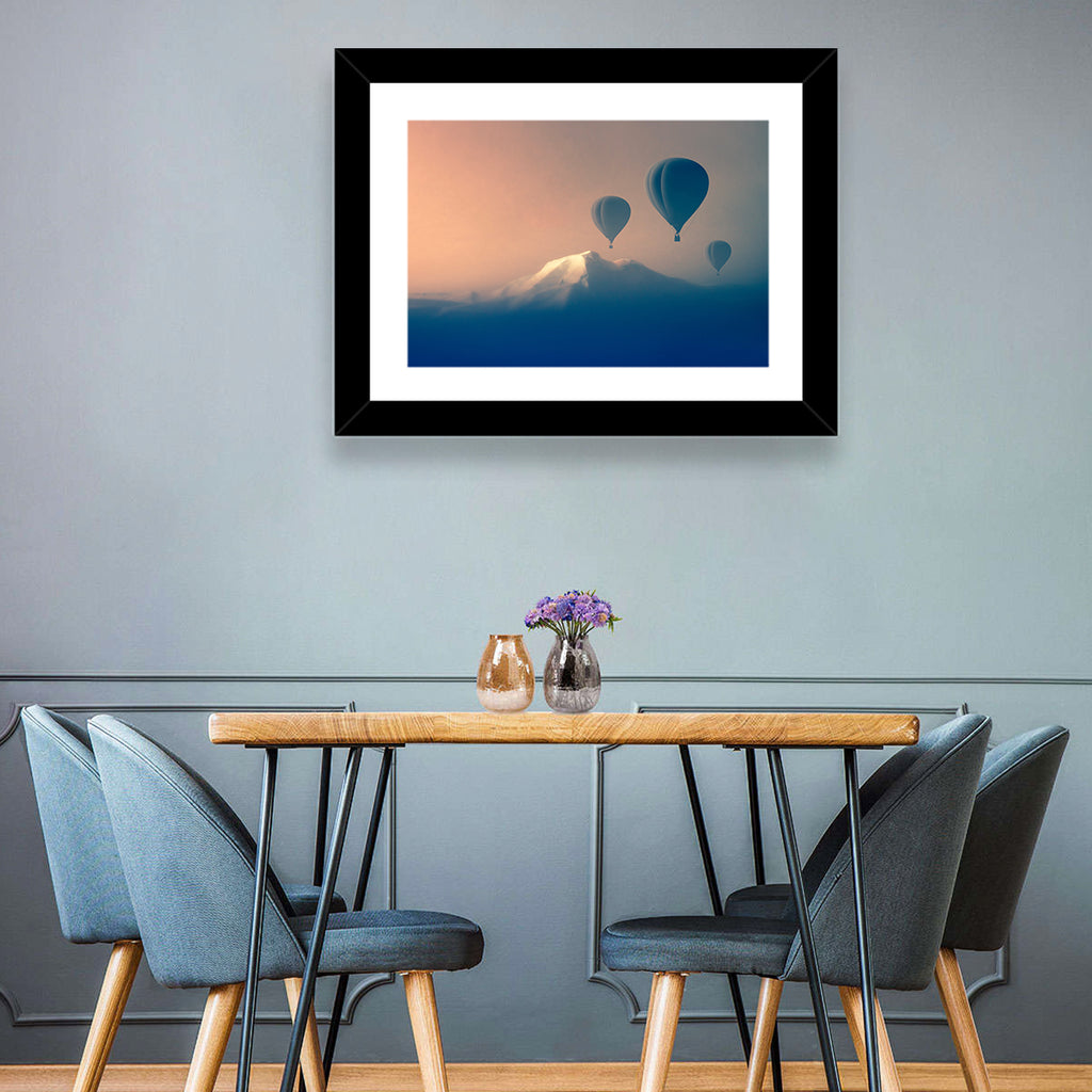 Three Hot Air Balloons Over Misty Peak Wall Art